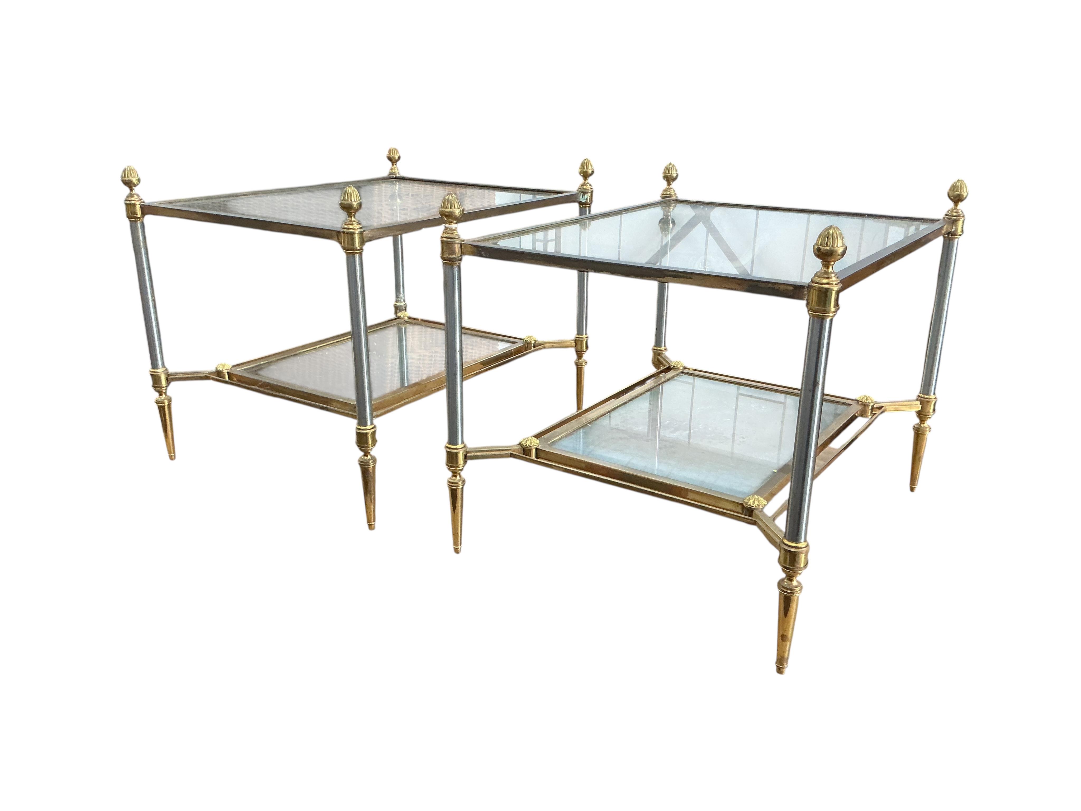 A pair of Maison Jansen style brass and steel rectangular occasional tables with mirrored undertiers, width 62cm, depth 48cm, height 48cm